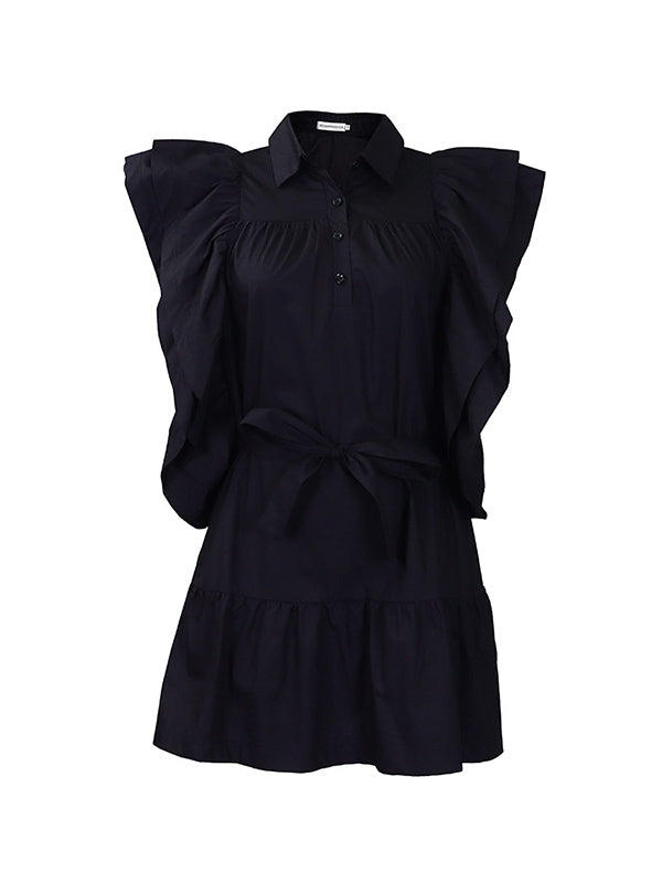 A-line High Waisted Buttoned Pleated Ruffled Color Tied Waist Lapel Mini Dresses