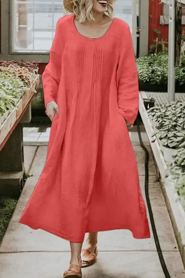 Round Neck Loose Color Long Sleeve Maxi Dress