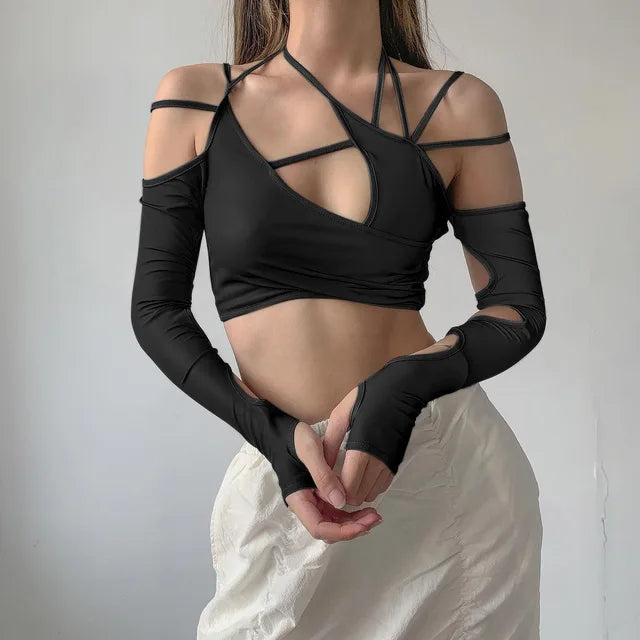Punk Halter Tops Gothic Egirl Patchwork Long Sleeve Crop Top Cut Out T-shirts