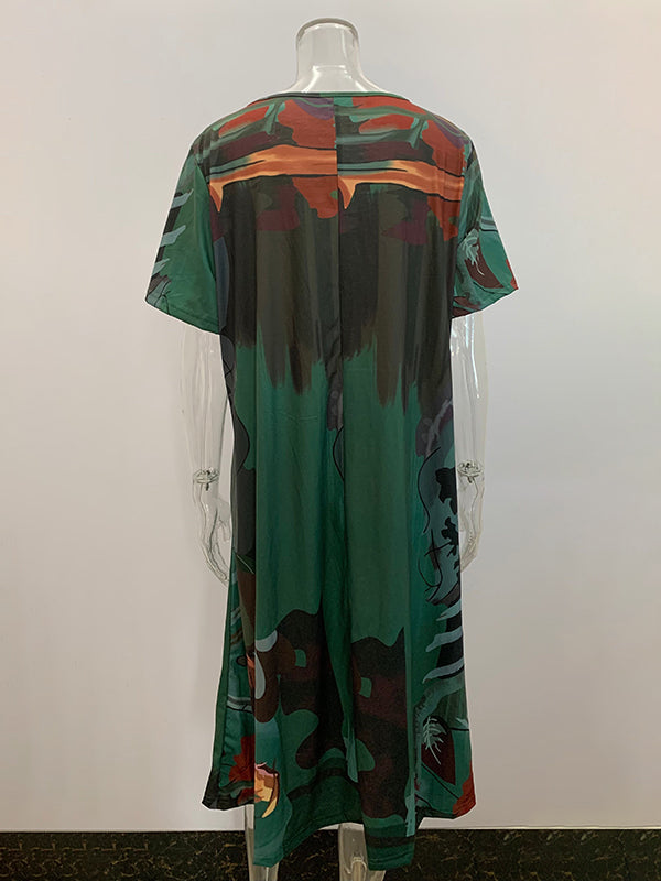 A-line Loose Printed Round-neck Midi Dresses