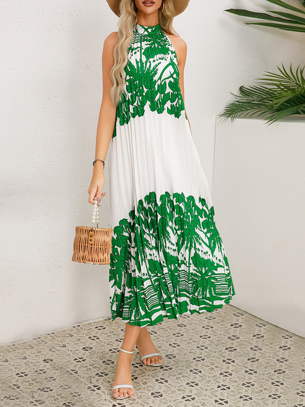 A-line Loose Hollow Pleated Printed Tied Mock Neck Midi Dresses