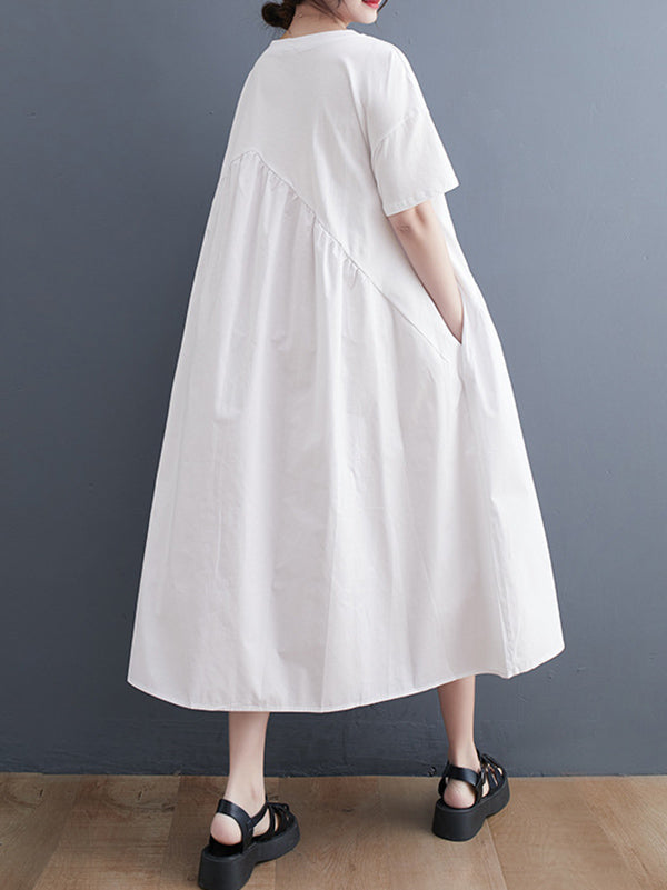 Irregularity Oversize Printed Striped Polka-dot Split-joint Round-neck Midi Dresses