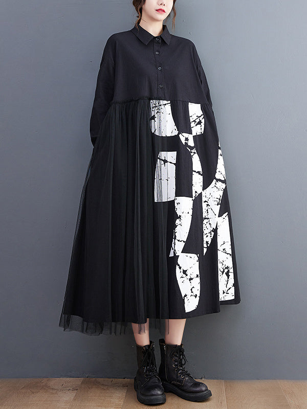 Long Sleeves Loose Contrast Color Split-joint Lapel Collar Midi Dresses
