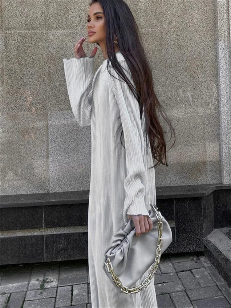 Loose Female Long Dress Long Sleeve Basic High White Summer for Maxi Dress Outfits