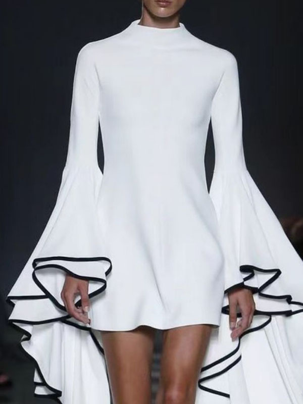 Flared Sleeves Long Sleeves Color Stand Collar Mini Dresses