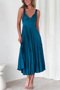 Satin Color V-neck Pleated Maxi Dress