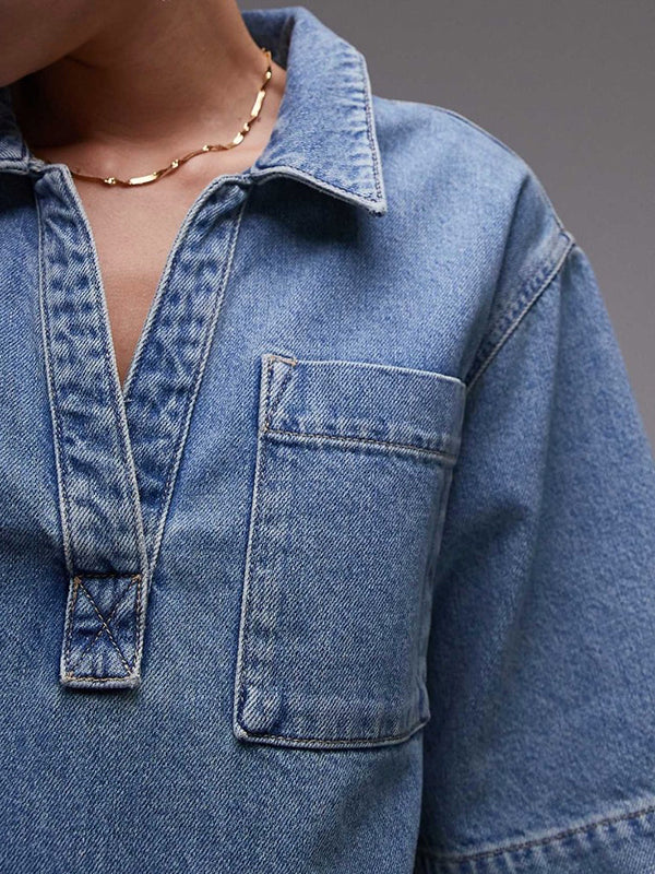 Loose Short Sleeves Pockets Color Lapel Mini Dresses