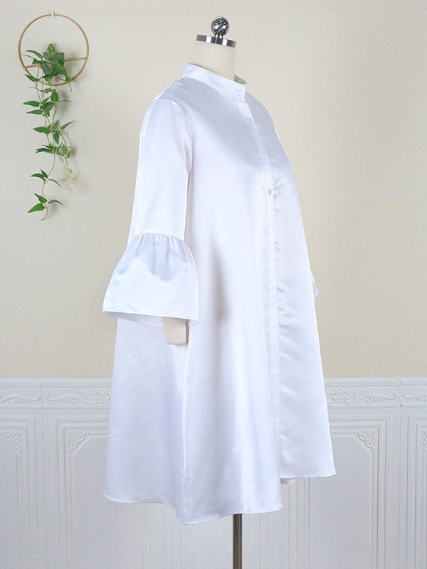Urban Buttoned Color Stand Collar Flared Sleeve Loose Midi Dress