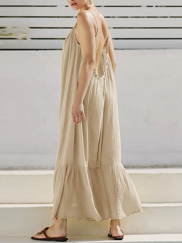 A-line Loose Pleated Color Split-joint Round-neck Midi Dresses Slip Dress