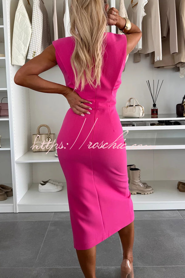 Charming Lady Color Round Neck Sleeveless Waisted Slit Stretch Midi Dress