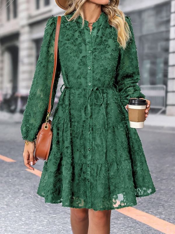 A-line Long Sleeves Buttoned Elasticity Jacquard Pleated Color Tied Waist Stand Collar Mini Dresses