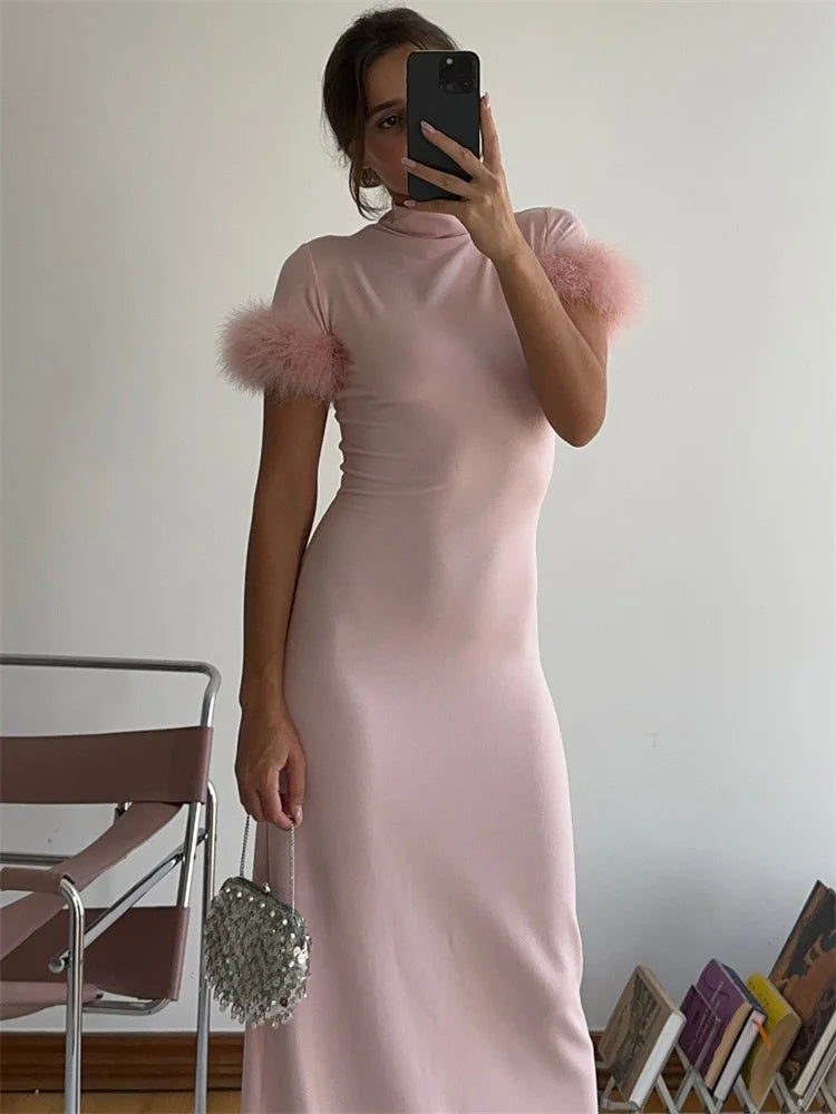 Female Fur Feather Maxi Dress Short Sleeve Autumn High Waist Slim Bodycon Dress Patchwork Long Dress