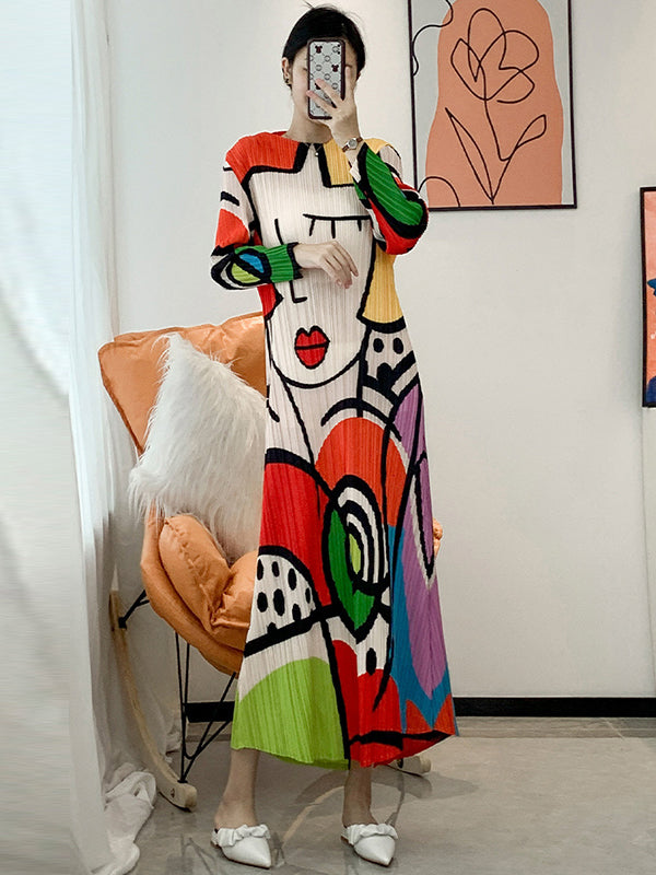 Original Loose Long Sleeves Cartoon Face Printed Contrast Color Pleated Round-neck Midi Dresses