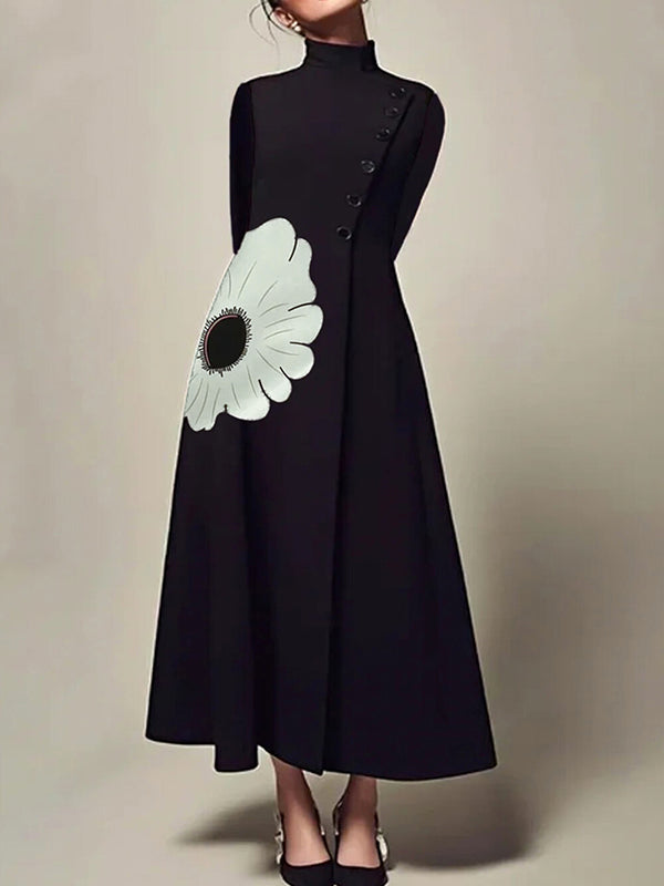 A-line Long Sleeves Flower Print High Neck Midi Dresses