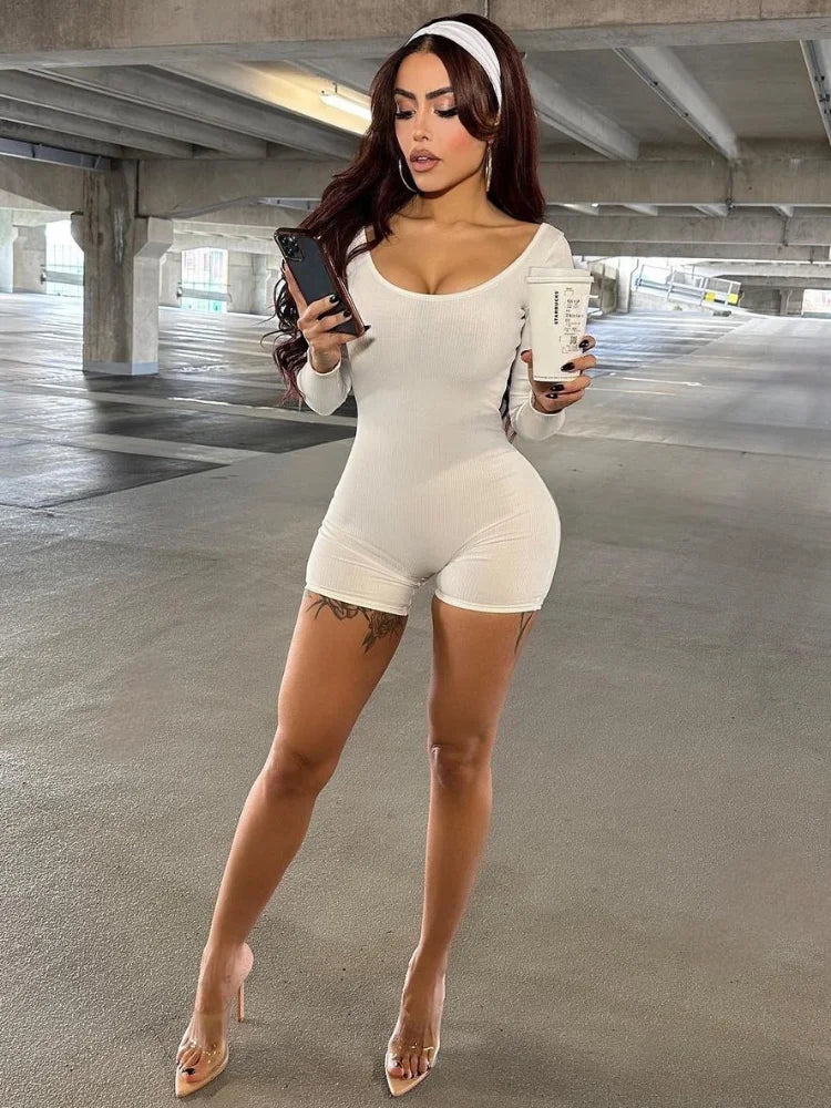 Hot Slim White Rompers for Skinny Short Jumpsuit Fitness Backless Ribbed Playsuit Tracksuit