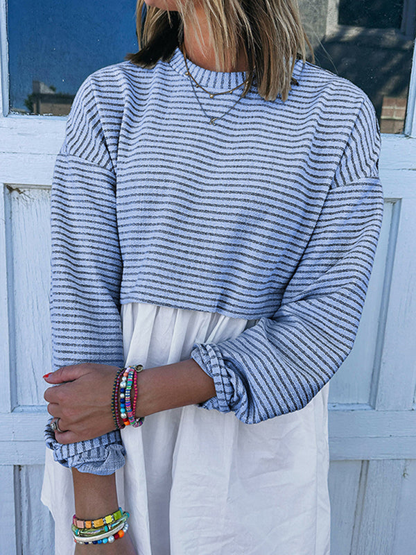 High Waisted Long Sleeves Split-joint Striped Round-neck Mini Dresses