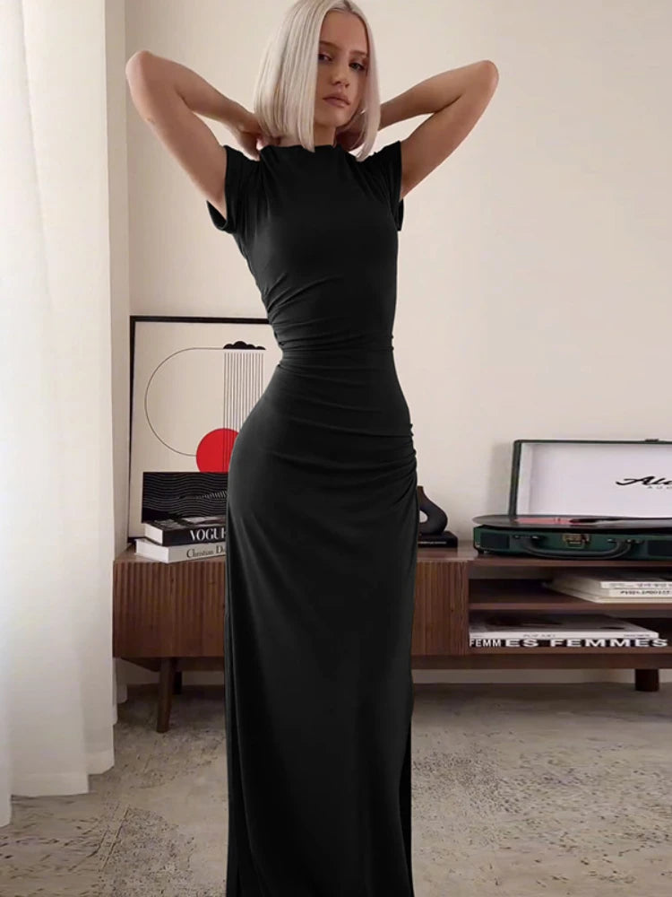 ’s O Neck Maxi Dress Short Sleeve Slim High Waist Shirring Dress Side Slit Evening Club Bodycon Dress Lady