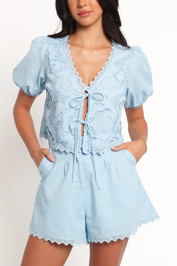 Fashionable V-neck Tie Puff Sleeve Top and Pocket Shorts Set