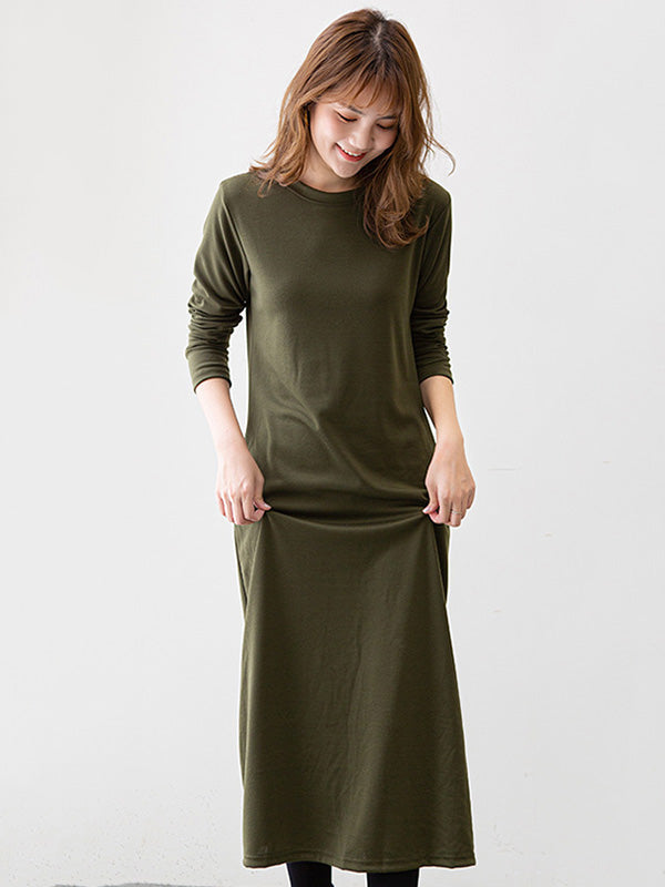 Simple Color Round-neck A-line Midi Dress