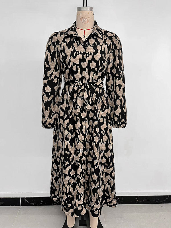 Long Sleeves Loose Printed Split-joint Tied Waist Lapel Midi Dresses Shirt Dress
