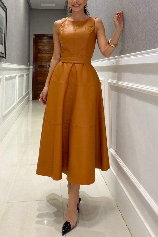 Ensemble Faux Leather Princess Line Back Zipper Umbrella Midi Dress