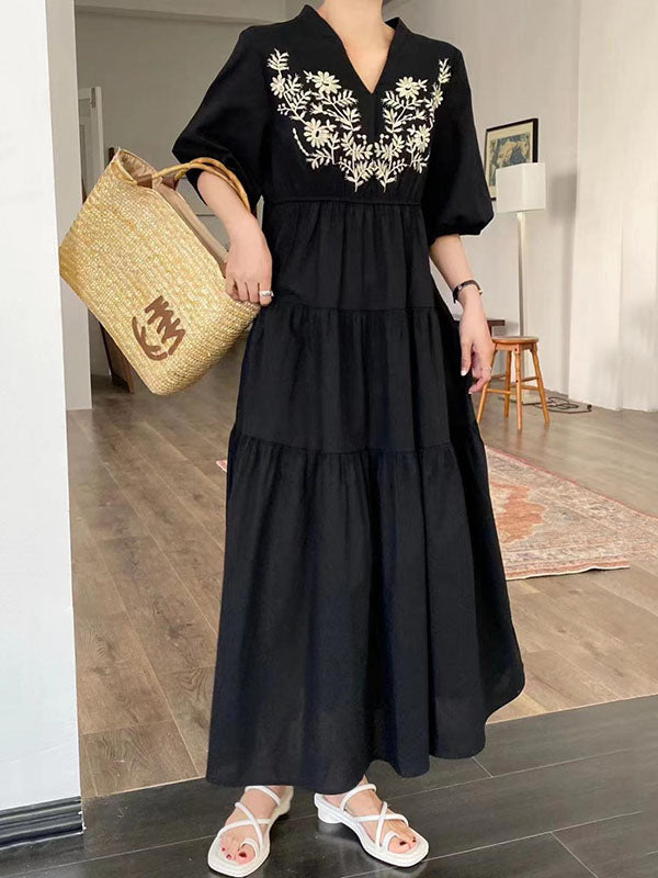 Bishop Sleeve Loose Embroidered Pleated V-neck Midi Dresses