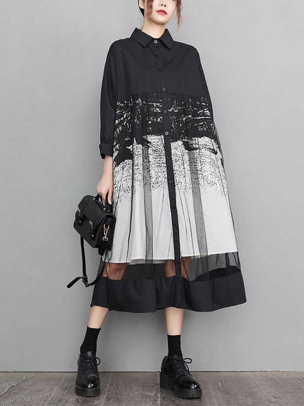 A-line Long Sleeves Buttoned Gauze Printed Split-joint Lapel Midi Dresses