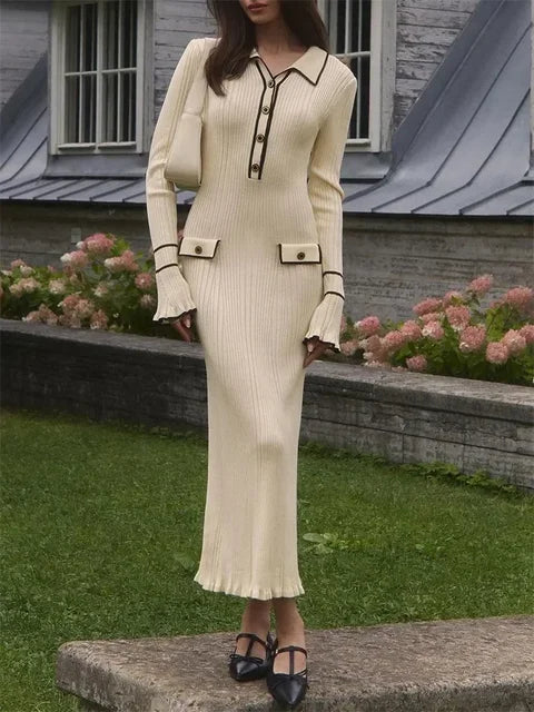 Knitted Mini Dress Autumn Winter Ruffled Rib High Waist Dresses Long Sleeve Banquet Dress for Woman