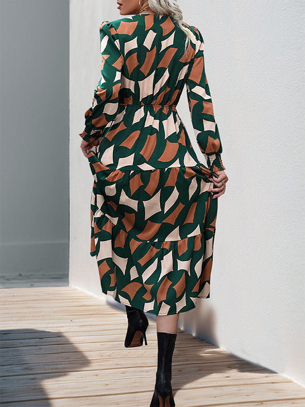 A-line Long Sleeves Buttoned Elasticity Pleated Printed Split-joint Tied Waist V-neck Midi Dresses