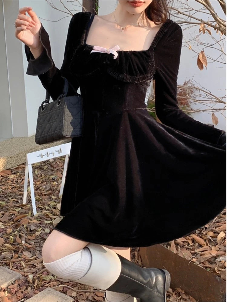 Sweet Black Velvet Mini Dress Flare Sleeve Square Collar Autumn Winter France Birthday Party Kawaii Vestidos New