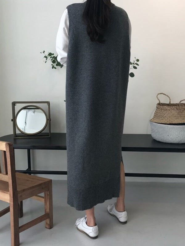 Urban Loose Sleeveless Color Round-neck Midi Dresses Sweater Dresses