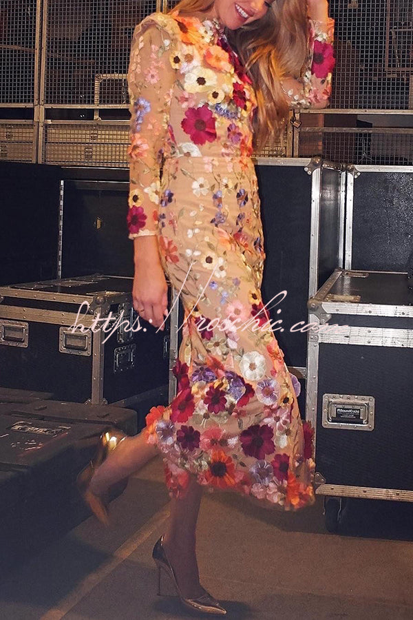 Dignified and Refined Charm Embroidered Applique Long Sleeve Fish Tail Midi Dress
