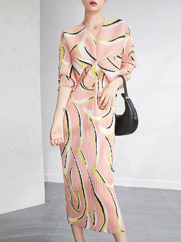 Urban Loose Batwing Sleeves Printed Pleated V-neck Midi Dresses