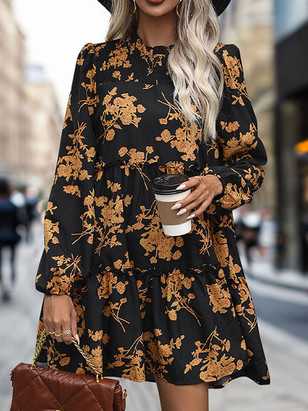 A-line High Waisted Elasticity Flower Print Split-joint Round-neck Mini Dresses