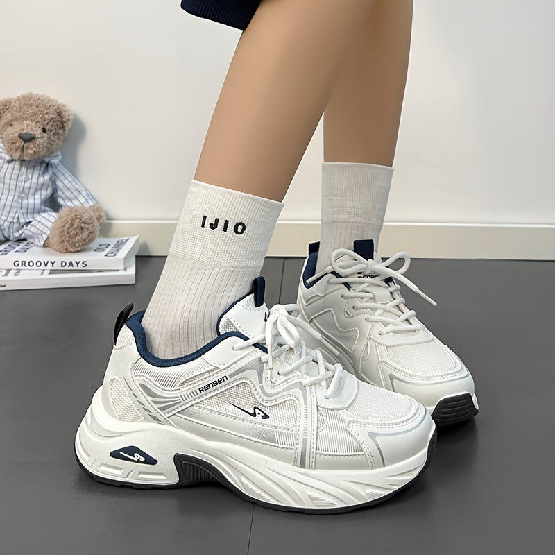 Sneakers Striped, Allseason Shoes With Thick Platform Sole, Breathable Mesh & Pvc Sole for Autumn & Spring Suitable for Stylish & Comfortable Everyday Wear Perfect Gift