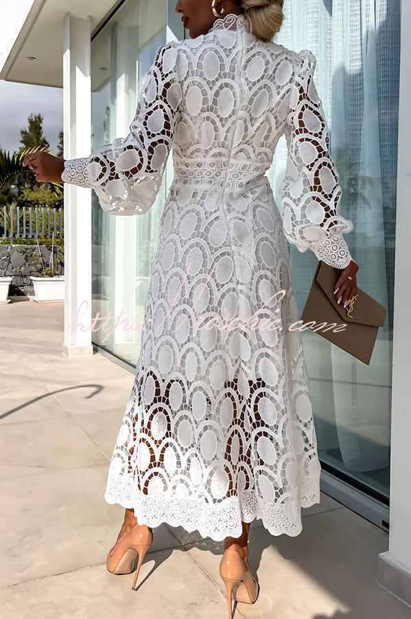 Romantic, Sensual and Crochet Lace Lantern Sleeve Party Midi Dress