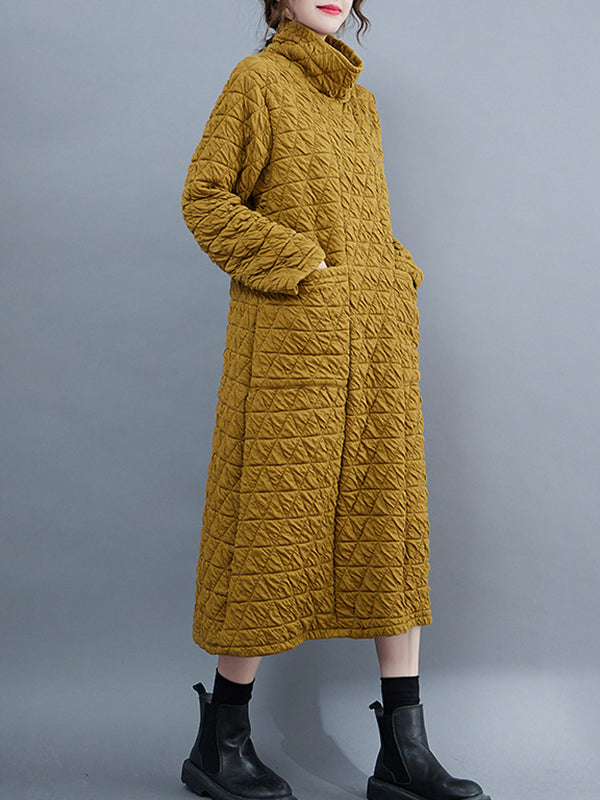 Long Sleeves Loose Color Textured High-neck Cotton Padded Midi Dresses