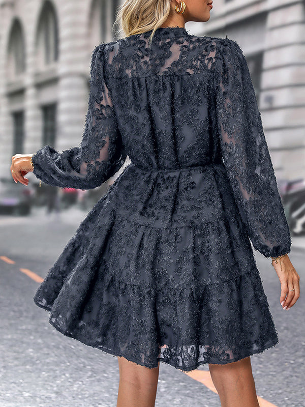 A-line Long Sleeves Buttoned Elasticity Jacquard Pleated Color Tied Waist Stand Collar Mini Dresses