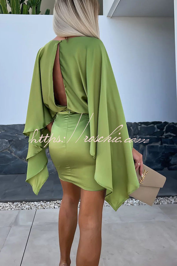 Wings Satin Butterfly Sleeves Elastic Waist Formal Mini Dress