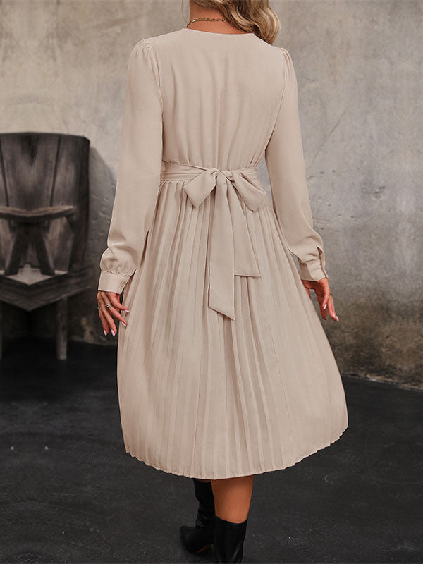 Long Sleeves Loose Pleated Color Split-joint Tied Waist Round-neck Midi Dresses