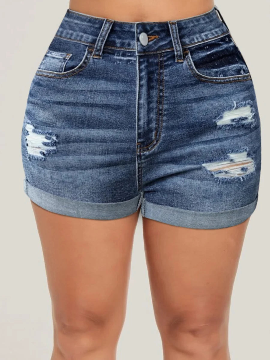 High Waist Ripped Pocket Design Skinny Stretchy Denim Shorts Cuffed Hem Hot Jean Pants