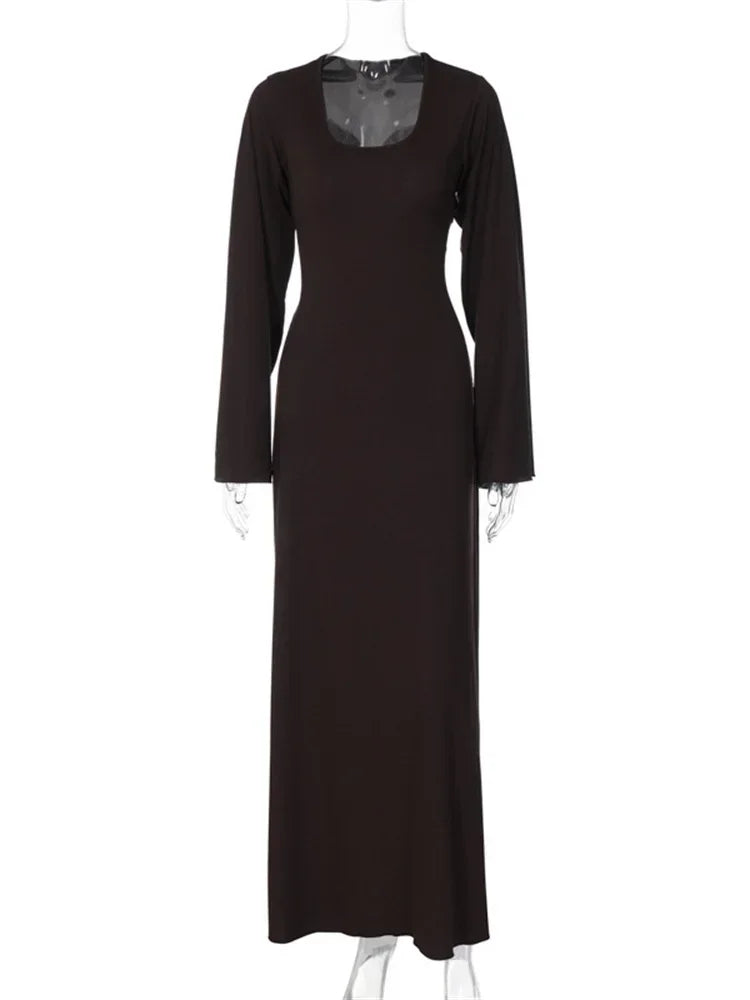 Scoop Neck Lace-up Ribbed Maxi Dress Female Long Sleeve Slim Loose Bandage Dress Autumn Dress New