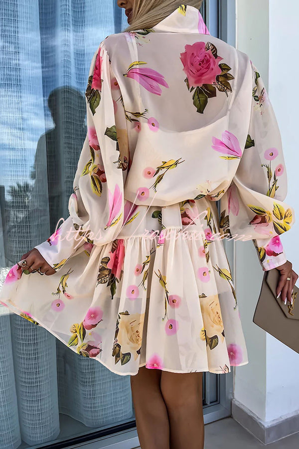 Sunset and Dreams Print Subtle Tuck Lantern Sleeve Belt Mini Dress