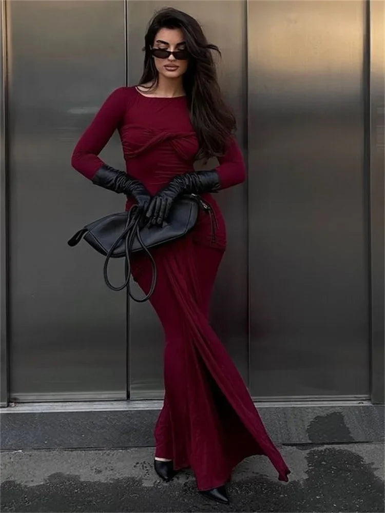 Female Pleated Maxi Dress Patchwork Twist Slim Long Sleeve Y2k Autumn Dress ’s Bodycon Dress