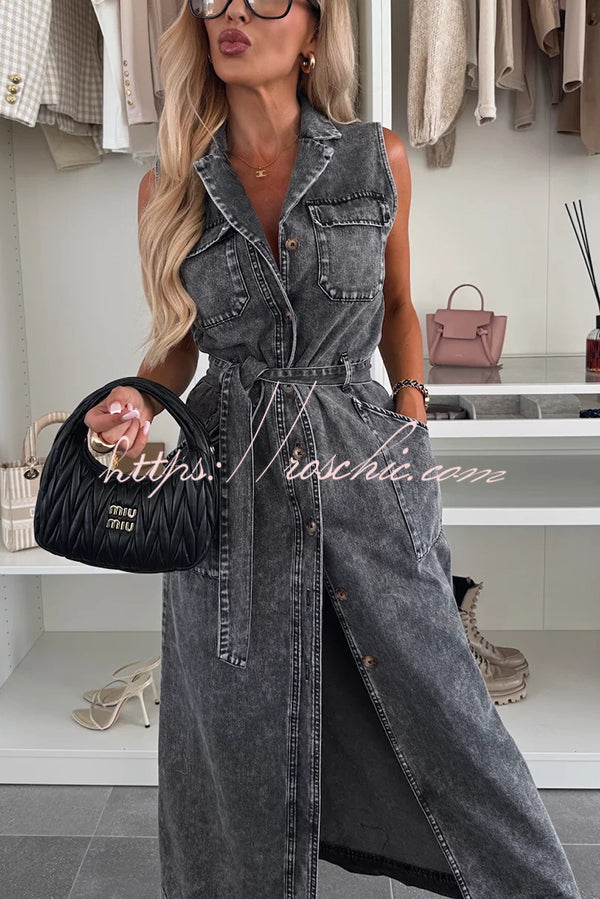 Color Sleeveless Single Breasted Waist Tie Pocket Denim Midi Dress