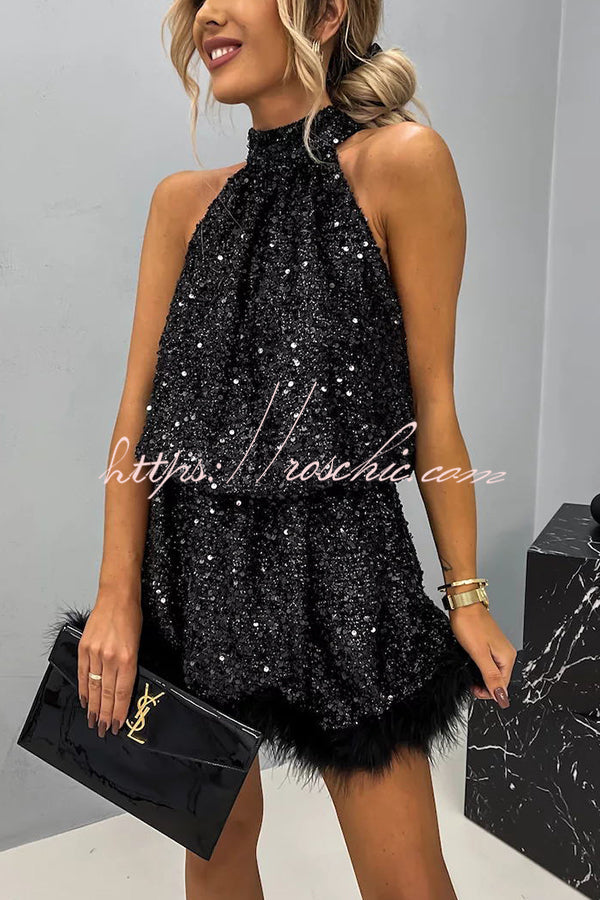 It's Time to Dance Sequin Feather Trim Halter Babydoll Mini Dress