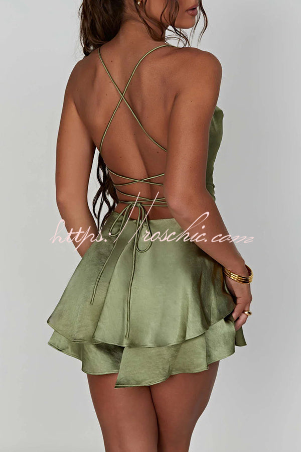 Ruffled Satin Strappy Satin Backless Lace Up Mini Dress