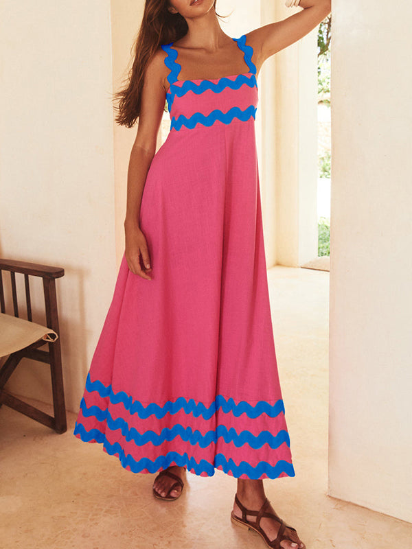 A-line High Waisted Contrast Color Zipper Square-neck Midi Dresses