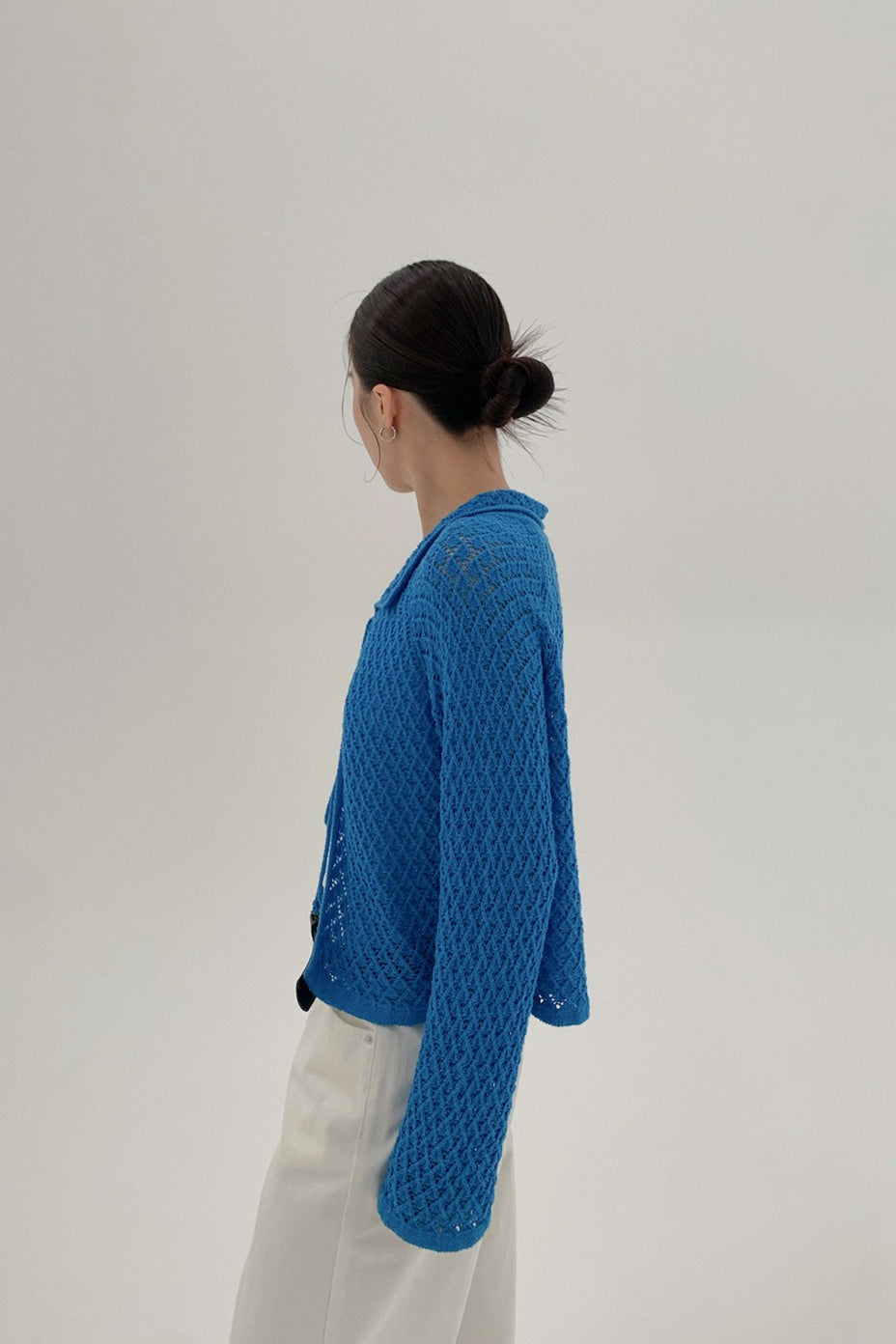 Hollow-out Collared Tie-waist Long-sleeve Short Knit Cardigan