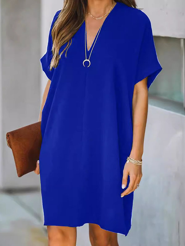 High Waisted Loose Color V-neck Mini Dresses